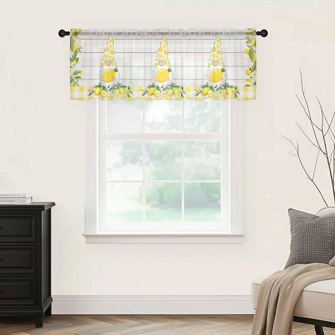 Lemon Dwarfs Sheer Valance Curtains, Gnome Green Leaf Wood Striped Yellow Plaid