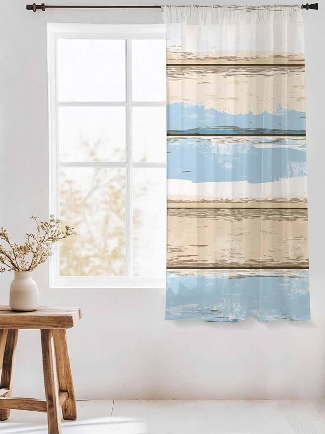 Sheer Curtains 63 Inch Length, Vintage Geometric Blue Semi Sheer Curtains Light