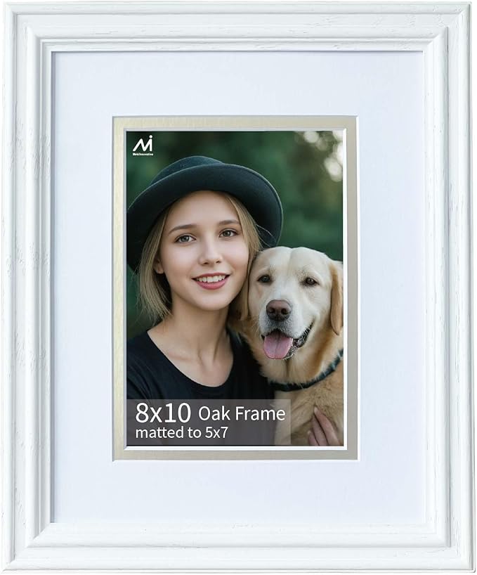 8x10 Picture Frame for Wall or Tabletop Oak Wood, 5x7 Picture Frame with Mat,8 x 10 Premium Photo Frame with Real HD Tempered Glass,Ideal for Home Decor, Art Gallery,White, 1 Pack