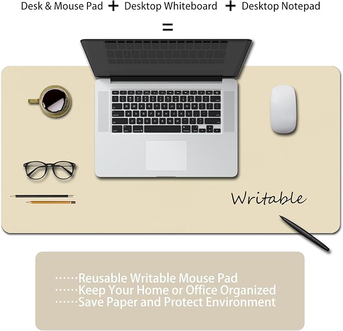 Erasable writable(Frontside) Table mat,Dual Sided Desk Mat, Large Mouse Pad, Notepad, Writing White Board (Includes 7.9"x9.4" Portable Mousepad)