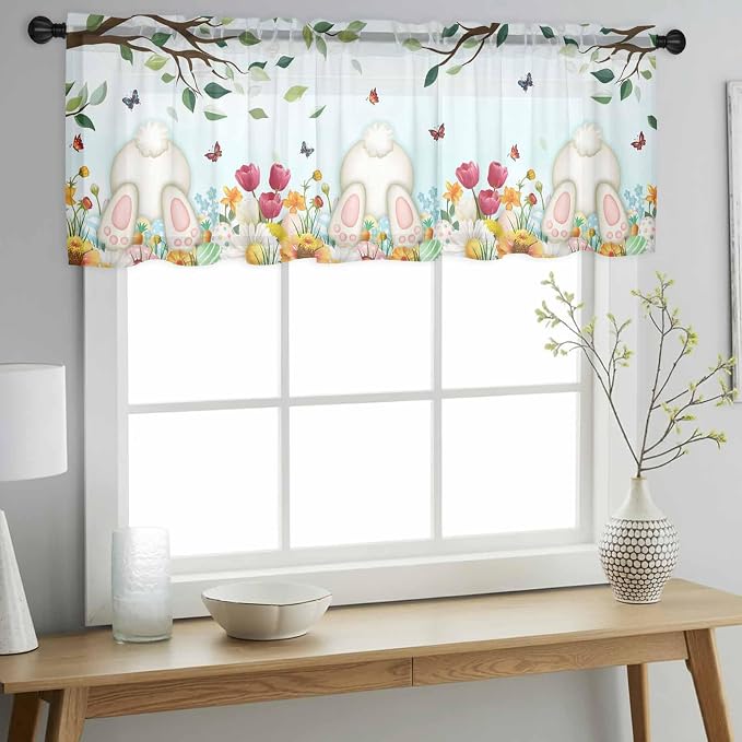Easter Sheer Valances for Windows 54"x18", Light Filtering Kitchen Curtains