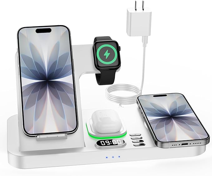 Dual Phone Wireless Charging Station for Apple Devices, Magnetic Charging Station for iPhone with Auto Switch 7-Color Light&Clock, Family Watch Charger for iPhone17 for iWatch11 for AirPods Pro3(Cream