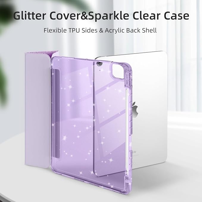 Case for iPad Air 13 Inch (M4/M3/M2 2026/2025/2024) &amp iPad Pro 12.9 6/5th Gen (2022/2021) Glittering Sparkly Cover with Shiny Clear Back Shell Trifold Stand Case with Pencil Holder Black