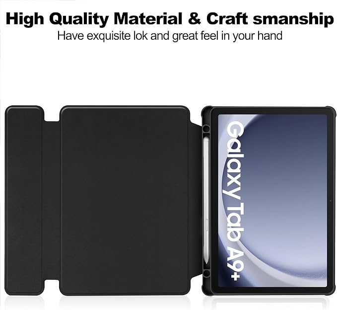 Tablet Case for Samsung Galaxy TAB A9+/A9 Plus with S Pen Holder 360° Swiveling Stand Shockproof Cover with Clear Transparent Back Shell Auto Wake/Sleep (Black Galaxy Tab A9 Plus)