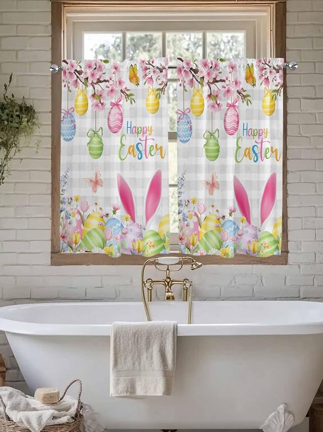 Happy Easter Tier Curtains 45 Inches Long, Spring Watercolor Bunny Eggs Flower