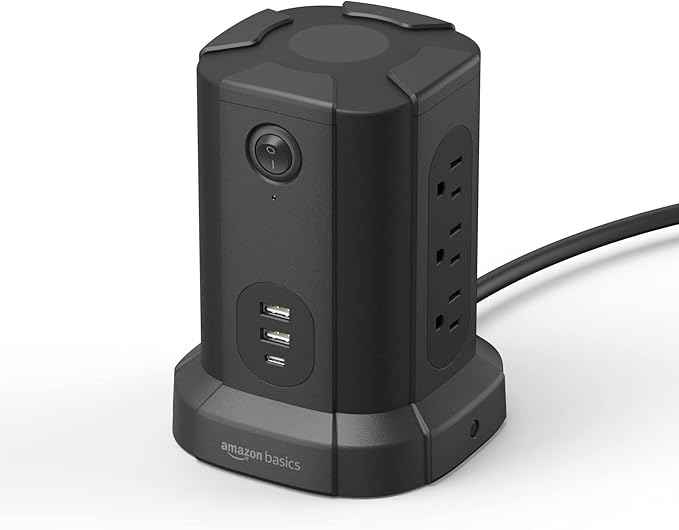 Amazon Basics Power Strip Tower Charging Station, Surge Protector 1080J, 9 Outlet with Integrated USB Charging Ports (2 USB-A and 1 USB-C), Space Saving, 15A, 6ft Cord, Black