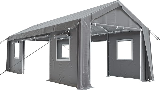 13x20ft Heavy Duty Carport Outdoor Canopy Portable Garage with 4 Doors & 4 Windows Waterproof UV Resistant Storage Shelter with Removable Sidewalls for Car Truck Boat, Gray