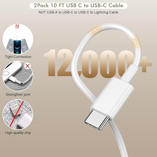 iPhone 17 16 15 Charger Fast Charging 2Pack 10FT Extra Long USBC to C Cable Cord with 20W Apple iPad USB C Fast Charger USB C Wall Charger Block for iPhone 17/16 Pro Max/17 Air/16 Pro/15/15 PlusiPad