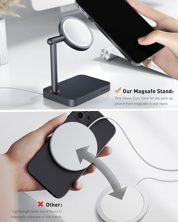 Maxonar Mag Safe Charger Stand Heavy-Duty Premium Metal Desktop Holder Mag Safe Dock Base Compatible with iOS17 Standby Mode Mag Safe Wireless Charger for iPhone 15 14 Series Device (Space Grey)