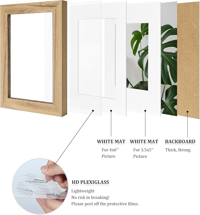 Egofine 4x6 Picture Frame Made of Solid Wood with Plexiglass, Display Pictures 3.5x5 with Mat or 4x6 Without Mat for Tabletop and Wall Mounting, Carbonized Brown