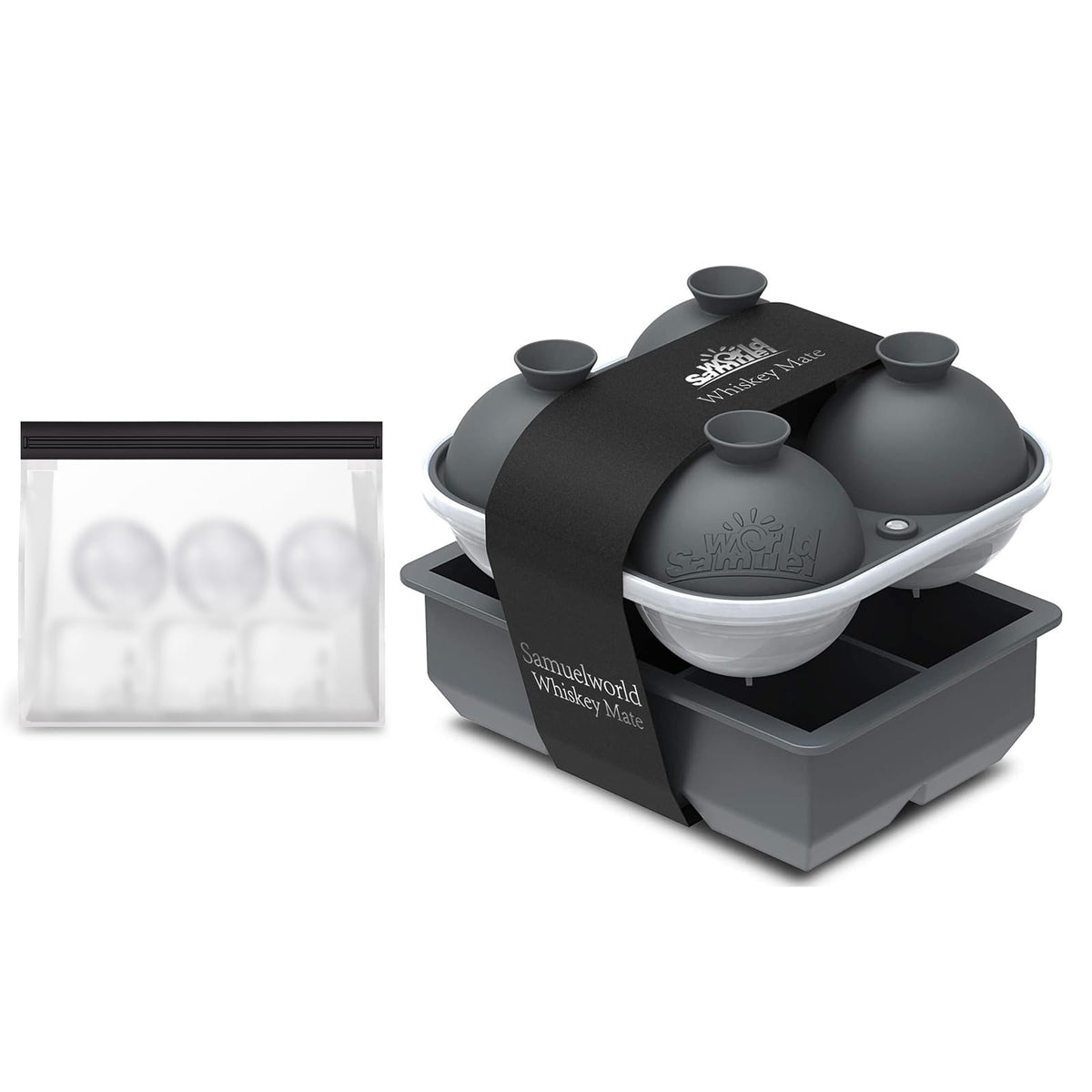 Samuelworld Premium Ice Tray Combo, Large Ice Sphere Maker & Giant Ice Cube Trays, 2 Packs, Food Grade, Easy To Use, Spill-Free Integrated Funnels, Whiskey Bourbon Cocktails (Black)