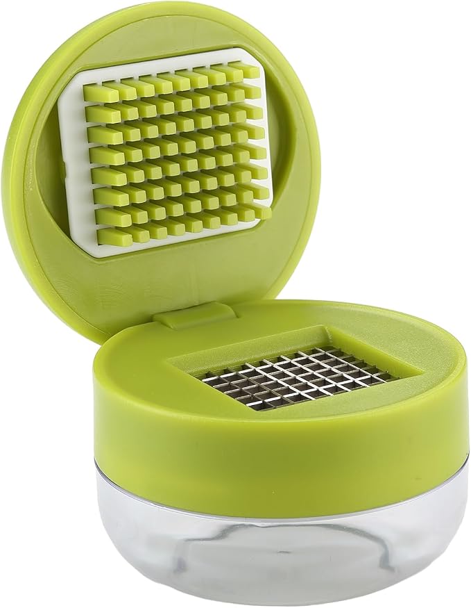 DOSMAMZ Garlic Peeler Garlic Mincer, Press, Cutter, and Storage Container - Includes Silicone Garlic Peeler and Mini Brush - Easy to Clean - Stainless Steel Blades