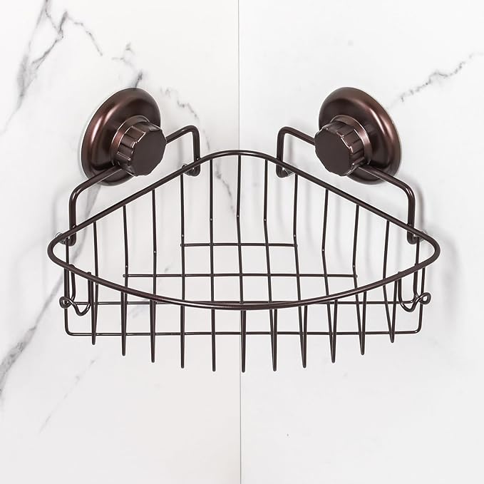 Suction Cup Corner Shower Caddy - 304 Stainless Steel Shower Shelf - Adhesive 3M Stick Discs Included - Bathroom Caddy with Hooks - No Drilling Bathtub Storage Organizer (Bronze)