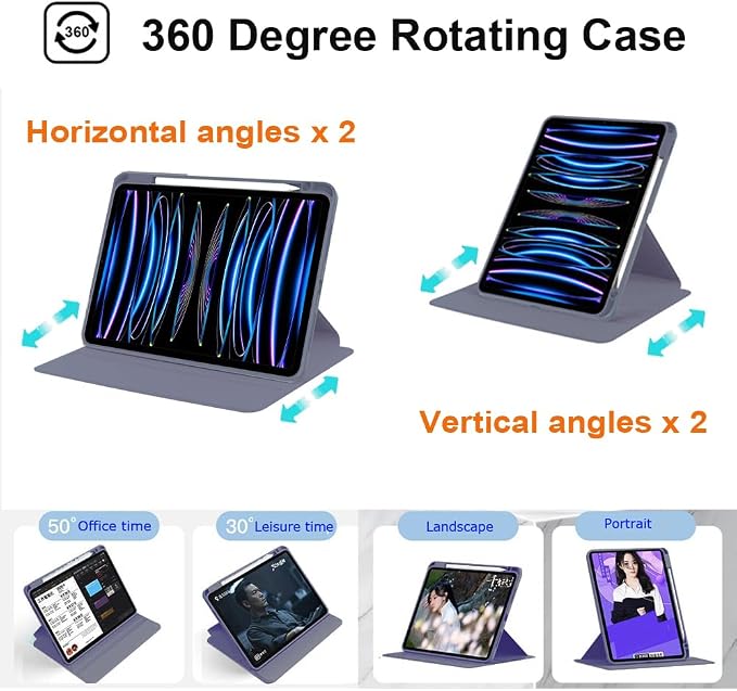 iPad Pro 11 Case 4th/3rd/2nd/1st Gen Balck | 360° Rotating Pencil Holder Compatible with 2022/2021/2020/2018 Clear Acrylic Back Auto Sleep/Wake