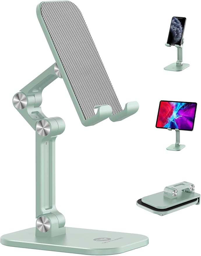 OCYCLONE Phone Stand Adjustable Height and Angle Foldable Cell Phone Stand Holder for Desk Taller iPhone Stand Compatible with 4.7-13 Smartphones iPad Tablet Beige