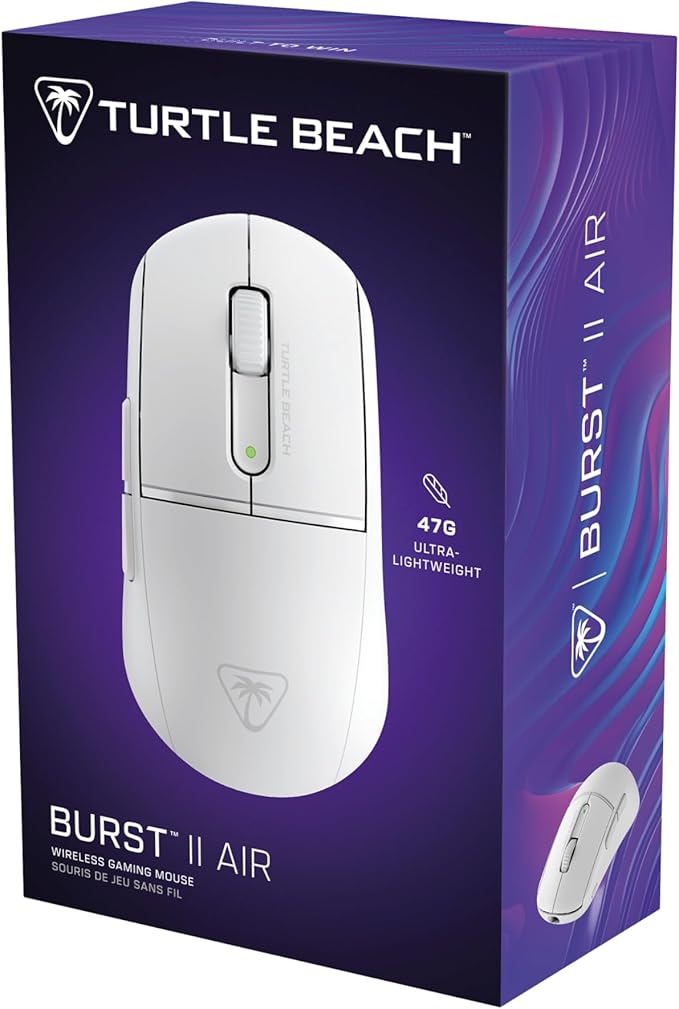 Turtle Beach Burst II Air Wireless Gaming Mouse - 47g Ultra Lightweight, Optical Switches, 26000 DPI Optical Sensor, 120-hour Rechargeable Battery, Symmetrical Design, Bluetooth, USB-C Cable – White