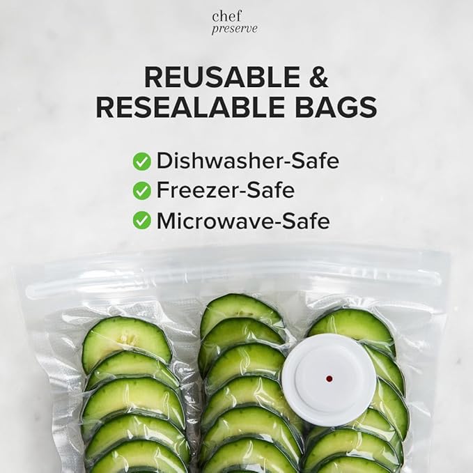 Chef Preserve Reusable Vacuum Sealer Bags for Food – 30 BPA-Free Small (8 x 10 in) Food Storage Bags, Freezer, Microwave – Odor-Resistant, Leak-Proof – Compatible with Chef Preserve Vacuum Sealers