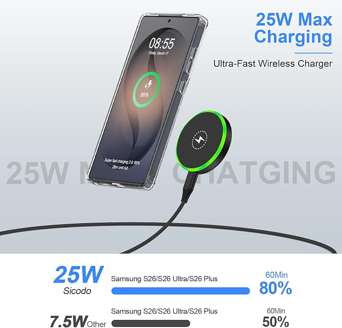 25W Magnetic Wireless Charger for Samsung Fast Charging Pad for Galaxy S26 | Wireless Charger Android with 30W USB C Power Adapter for S25 Plus/S24 FE/S23/S22/S21/Z Flip 7 Magsafe Charger for iPhone