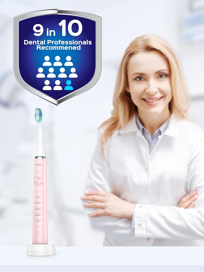 COSLUS Sonic Electric Toothbrush for Adults: 47000 VPM for Deep Cleaning & Whitening with Travel Case - 5 Modes for Sensitive Teeth & Braces, Wireless Charging, 6 Brush Heads, Pink & Green (2PCS)