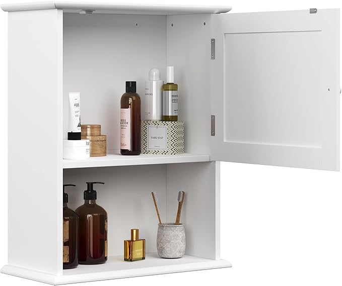 Wall-Mounted Storage Cabinet – Kitchen, Pantry, Laundry Room or Bathroom Organizer with Open Shelf – Bathroom Storage Furniture by Lavish Home (White)