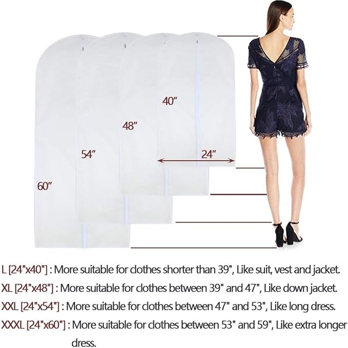 Garment Bags for Hanging Clothes 24'' x 48'' Long Suit Dust Hanging Garment Bag White Breathable Suit Covers for Closet Full Zipper Dust Cover for Dance Dress Clothes Pack of 6