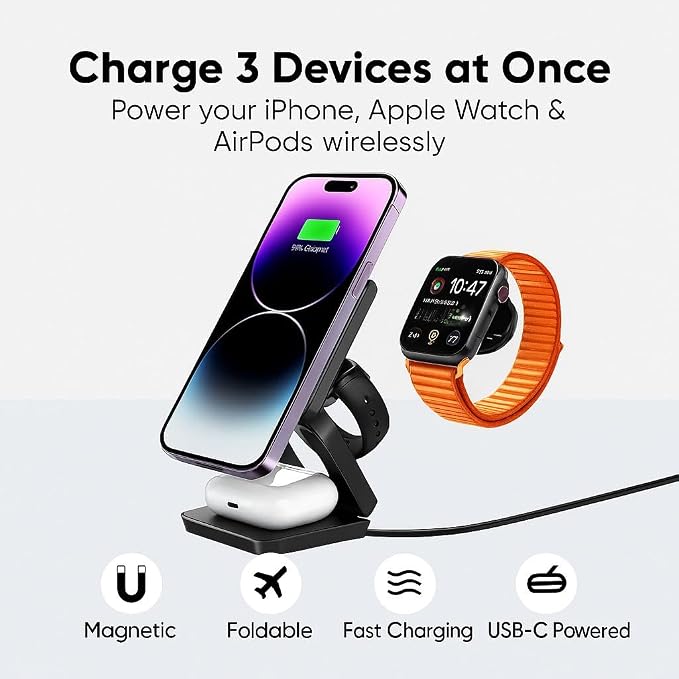 LUNOX 3-in-1 Wireless Charger for iPhone - Apple Watch &amp AirPods - Foldable Magnetic Fast Charging Dock - Black - White