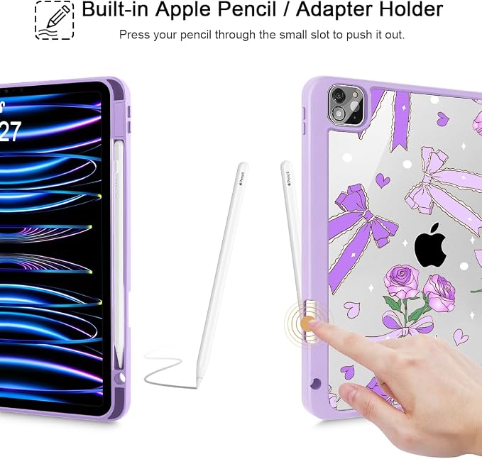 Tuiklol for iPad Pro 11 Inch 4th / 3rd / 2nd / 1st Gen (2022 2021 2020 2018) Case -Built-in Pencil Holder Shockproof Cover Clear Transparent Back Shell with Auto Wake/Sleep Black Flower