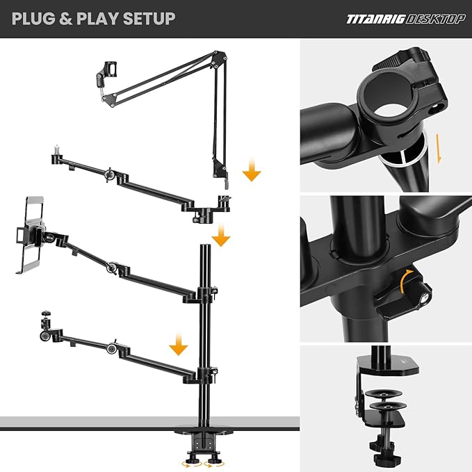 TARION Overhead Camera Desk Mount: 4-in-1 Heavy Duty Mount Set with 1 Mic Boom Stand + 3 Articulating Arms for DSLR Cameras Ring Light Monitor Laptop - Live Stream Stand TitanRig Desk