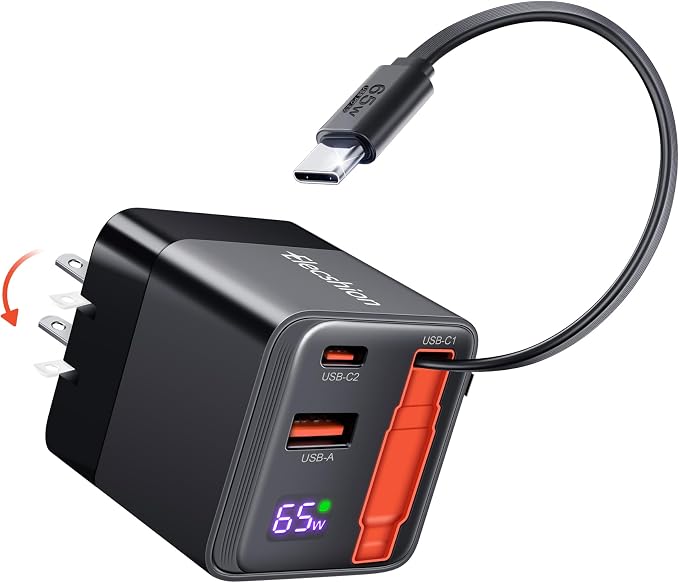 65W Retractable Wall Charger USB C Charger Block Built-in Type C Cable | Dual Port PD PPS Fast Charging GaN Power Adapter Travel Charger for MacBookLenovo IdeaPadiPhone 16 Pro MaxGalaxy S24