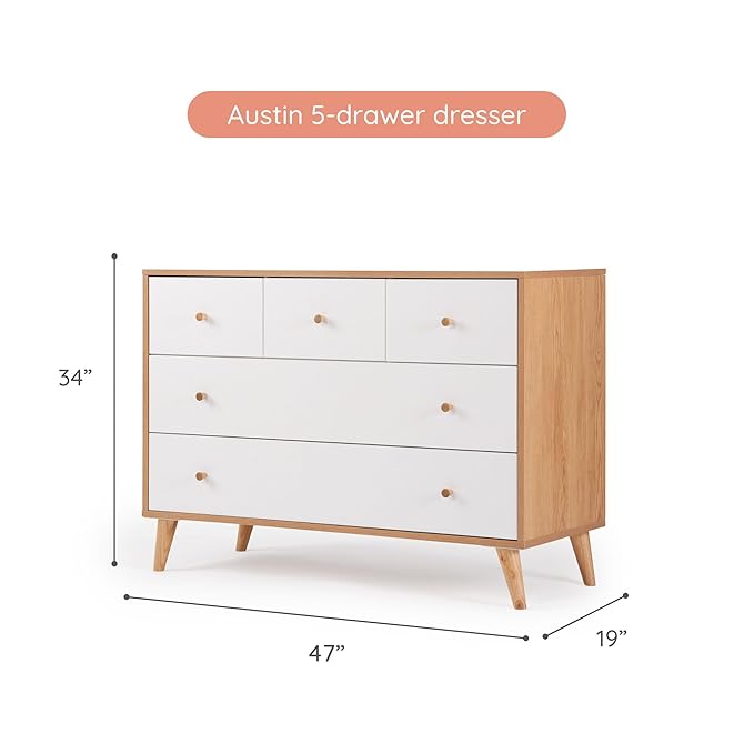 dadada Austin 5-Drawer Dresser for Nursery and Bedroom - Modern Design, Large Storage, Baby-Safe Finish, Anti-Tip Safety, Solid Wood Feet, Durable Construction (White+Natural)
