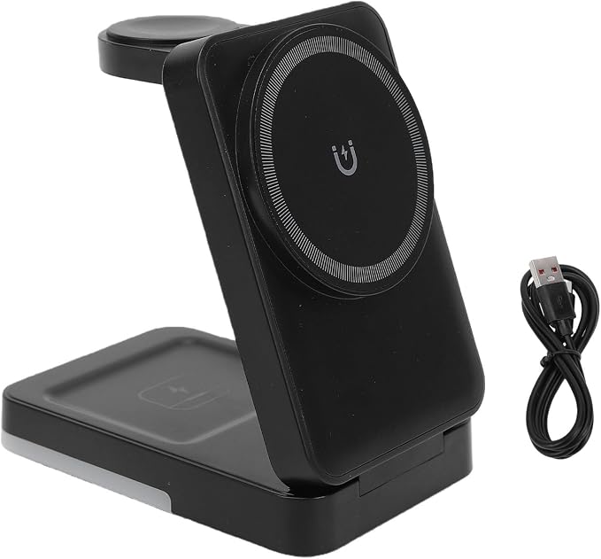3 in 1 Wireless Charger Stand 15W Fast Charging Foldable Magnetic Dock for Phone Watch Earphone Type C Portable Station with Heat Dissipation (Black)