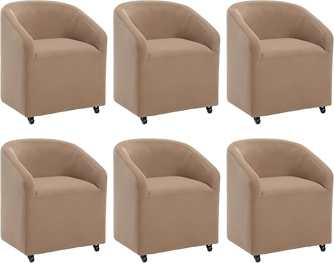 Set of 6 Modern Upholstered Dining Chairs with Swivel Casters, Velvet Barrel Back Accent Side Chair for Dining Room Living Room, Khaki