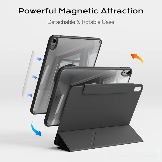 Clear Case for iPad A16 11th Generation 11 inch 2025 &amp iPad 10th Gen 10.9 inch 2022 with Pencil Holder Detachable Magnetic Rotating Transparent Hard PC Back Auto Wake/Sleep Trifold &amp Y Stan