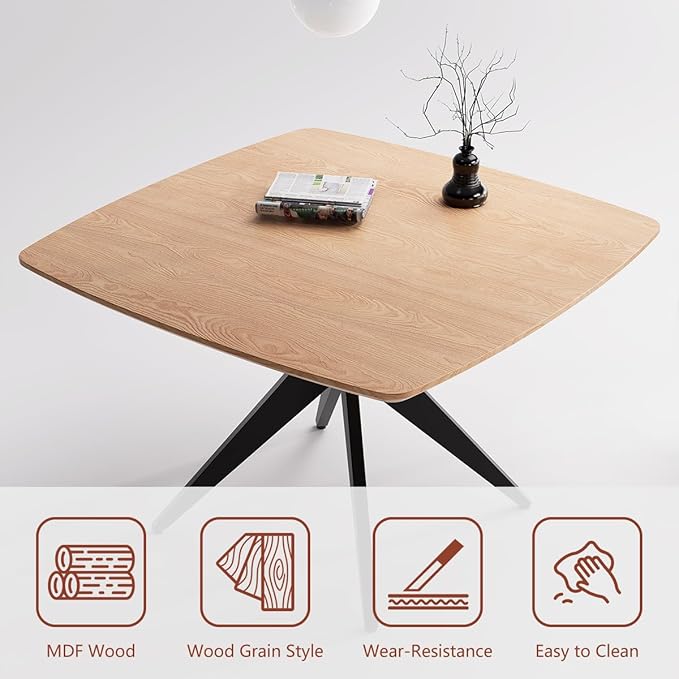 Kidol & Shellder 45.2" Square Dining Table Set for 2-4 People Modern MDF Wooden Dining Room Table with X-Shaped Metal Base Kitchen Table（Natural Table+4pcs Yellow Chairs）