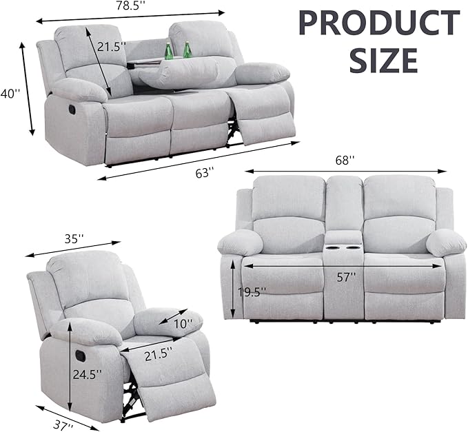 Manual Recliner Sofa Set,Microfiber Reclining Couch Set,Modern Living Room Furniture Set,Reclining Sofa Couch Chair for Living Room Home Office(Grey/White,Sofa+Loveseat)