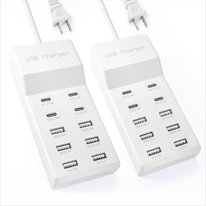 USB Charging Station with 6 USB-A and 4 USB-C Ports 50W 10A USB Charger Block for Smart Phone Tablet Laptop Multiple Devices - USB Power Strip with Auto-Detect Technology