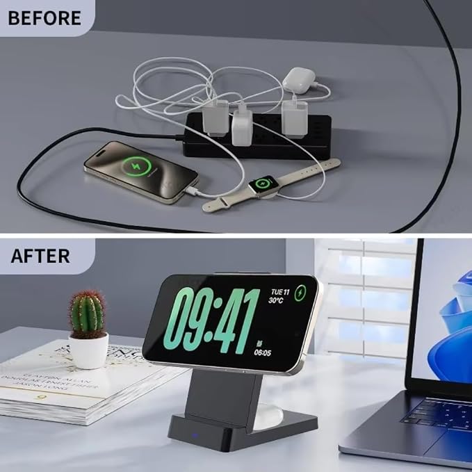 Desk Magnetic 3 in 1 Wireless Charger Stand for Magsafe iPhone 17 16 15 14 13 12 Pro Max iWatch 9~2 SE Airpods Pro Fast Charging (Black)