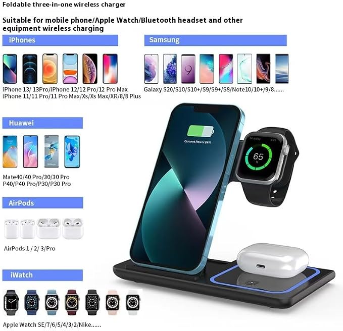 3-in-1 Wireless Charging Station with a Foldable Charging Base Compatible with Multiple Devices Featuring a 15W Fast-Charging Adapter Suitable for iPhone Apple Watch(Black)
