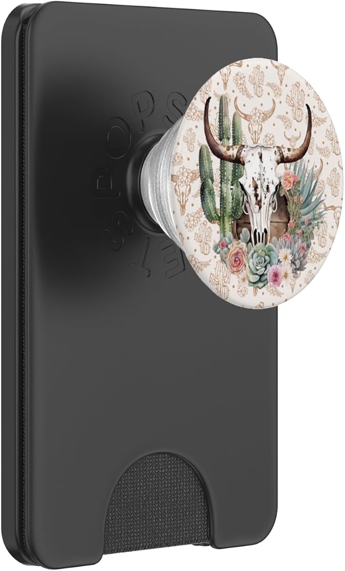 Western Boho Chic Longhorn Bull Skull Cactus Beige Pattern PopSockets Adhesive PopGrip