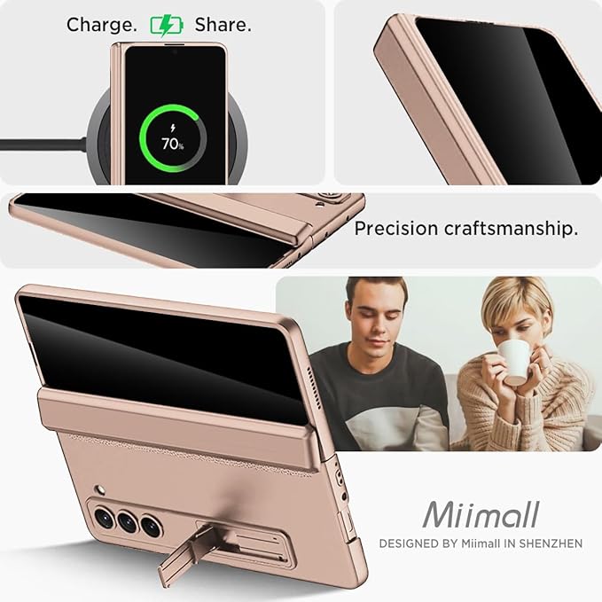 Miimall for Samsung Galaxy Z Fold 5 Case with Privacy Screen Protector, Built-in Adjustable Kickstand & Magnetic Hinge Protection All-Inclusive Protective Case for Galaxy Z Fold 5 5G(Champagne Gold)