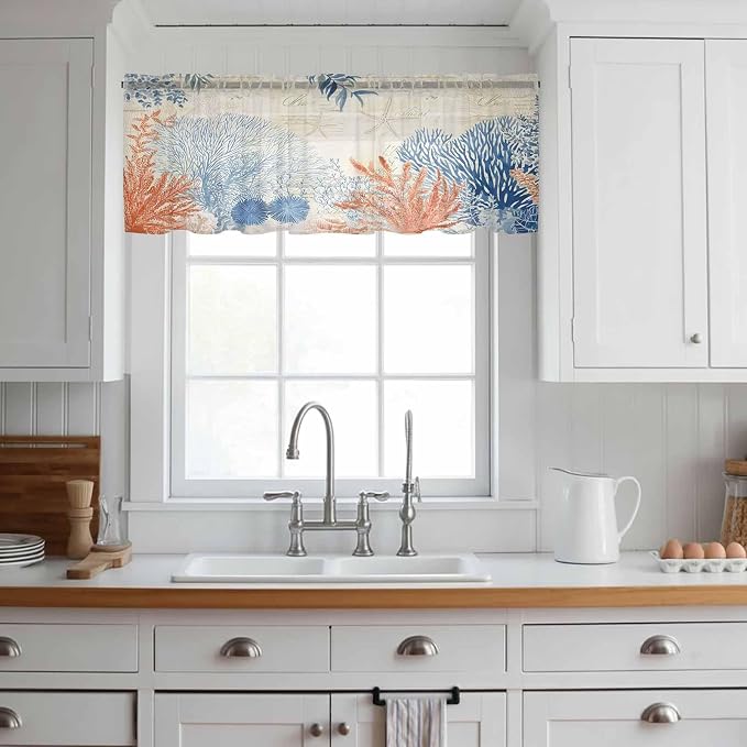 Ocean Corals Sheer Valance Curtains, Summer Beach Coral Sea Stars Retro Texture