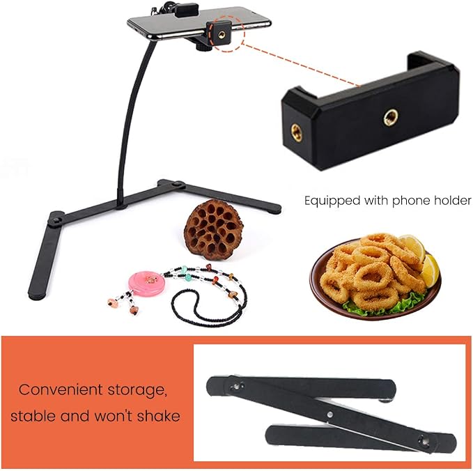 Ajustable Tripod with Cellphone Holder Overhead Phone Mount Table Top Teaching Online Stand for Live Streaming and Online Video and Food Crafting Demo Drawing Sketching Recording