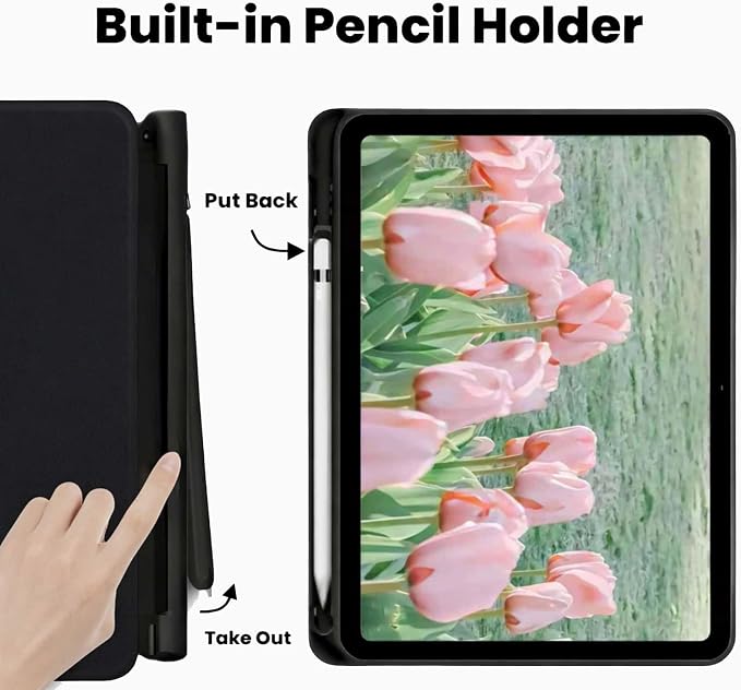 for iPad A16 11 Inch 2025 /for iPad 10th Generation 10.9 Inch 2022 Cute iPad Black Case with Pencil Holder-[Auto Wake/Sleep] Trifold Stand Soft TPU Protective Cover Pink Bows