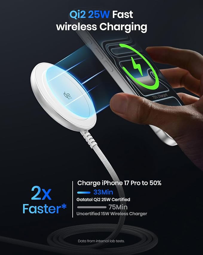 Magnetic Wireless Charger 5FT Qi2 25W Fast Charging Pad Compatible with MagSafe for iPhone Air/17e/17/16/15/14/13/12/Pro/Pro Max Series &amp AirPods 4/3/2/Pro &amp More (with 30W Adapter)