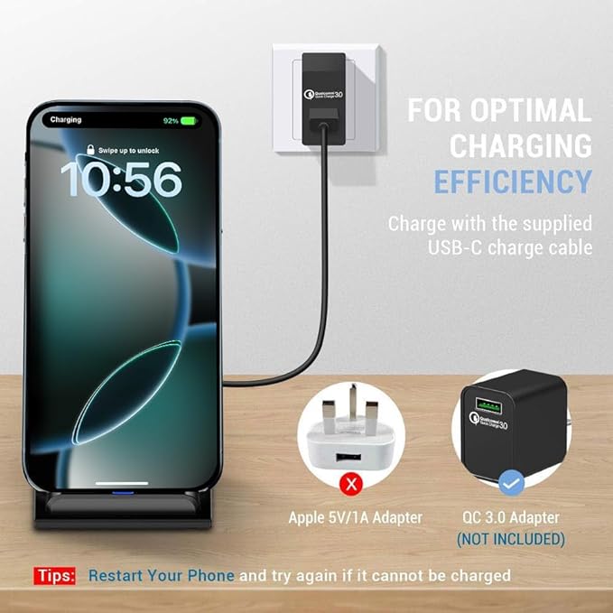 20W Fast Wireless Charger,Wireless Charging Stand Compatible with iPhone 16,16 Pro,15,14,13,12,11 Series/X/XS,Phone Charger for Galaxy S25/S24/S23/Note,Pixel/LG (No Plug)
