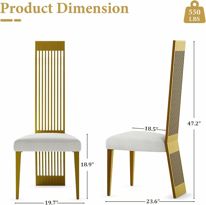 White and Gold Dining Chairs Set of 2, Upholstered High Back Dining Chairs with Brushed Stainless Steel Backrest and Legs, Modern Luxury Dining Room Chairs for Kitchen Living Room Restaurant