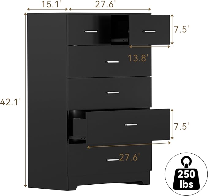 Dresser with Power Outlets Wooden 6 Drawer Dresser with Large Organizer Black Tall Storage Organizer with Smooth Metal Rail Modern Chest of Drawers Closet for Bedroom Hallway