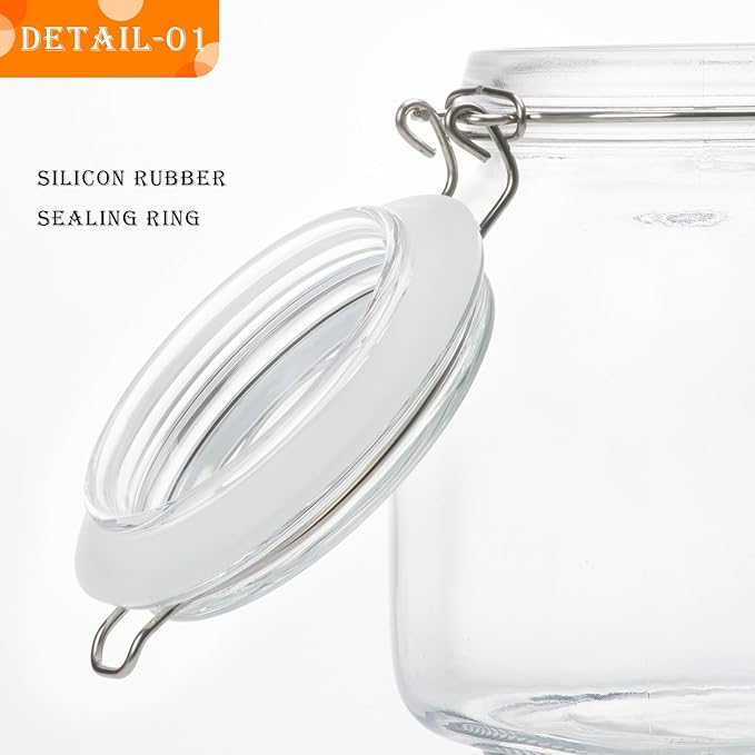 34oz Square Glass Food Storage Jars with Airtight Clamp Lids, 3 Pack Large Kitchen Canisters for Flour, Cereal, Coffee, Pasta and Canning, Mason Jar (Clear 34oz Square - 3 sets)