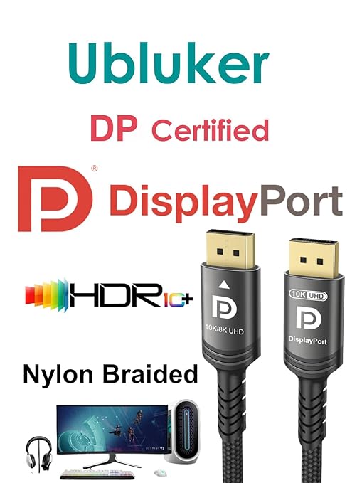 Ubluker 10K 8K DisplayPort 2.1 Cable 54Gbps 8 FT, Certified DP to DP Cord 4K 240Hz 165Hz 144Hz 120Hz 10K 8K 120Hz Nylon Braided UHBR HDCP2.3 FreeSync G-Sync RTX5090 Gaming Monitor PC Projector