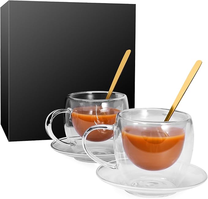 Clear Glass Coffee Cups with Spoons in a Luxurious Gift Box Set of 6 Pieces - 5.5oz in Sizes Double Wall Insulated Reusable Cups for Home Cafe Restaurant - Best Gift for Coffee Lovers